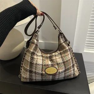 Sac Sous le Bras Vintage en Laine à Carreaux pour Femmes Sac Hobo Grande Capacité Avec Bandoulière Chaîne pour le Quotidien