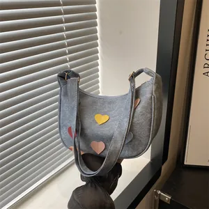 Women Fashion PU Leather Half Moon Hobo Bag With Colorful Heart Patches Adjustable Strap Crescent Shoulder Bag For Daily