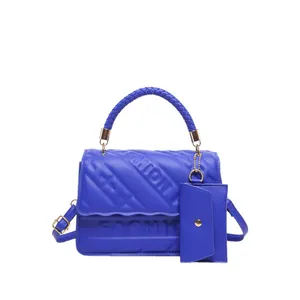 Fashion Women PU Leather Shoulder Bag Quilted Embossed Letter Square Crossbody Bag With Braided Handle Mini Hanging Purse