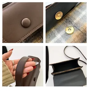 Vues détaillées du sac bandoulière vintage en similicuir marron avec fermoir magnétique doré