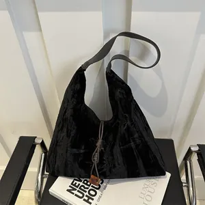 New Chinese style black velvet tote bag with wooden bead and leather shoulder strap