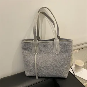 Sac fourre-tout gris clair en laine d'agneau synthétique, grande capacité automne-hiver