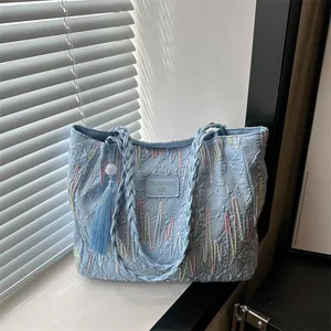 Women Large Capacity Canvas Tote Bag With Wave Embroidery Tassel Braided Handle Casual Shoulder Bag For Work Everyday