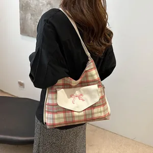 Retro plaid tote bag for women with leather flap and pink bow embroidery in college style