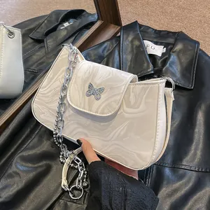 Chic marble pattern underarm bag with silver butterfly buckle and chunky chain strap