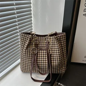 Sac Cabas Femme Pied-de-poule Grande Capacité Sac à Épaule en Toile Avec Chaîne Vintage Mode Navette Sac à Main