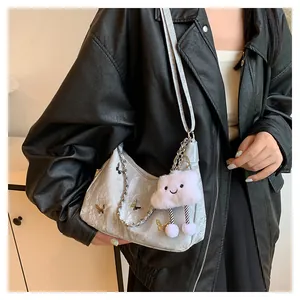 Detail of silver grey hobo bag featuring butterfly hardware and fluffy cloud charm