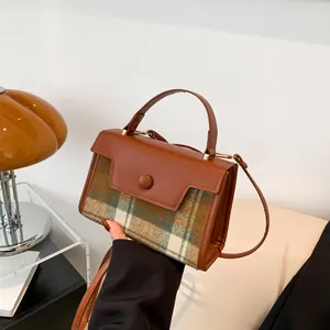 Petit Sac Bandoulière Carré Rétro en Patchwork de Tissu de Laine à Carreaux et Cuir PU pour Femmes Sac à Main avec Poignée et Bandoulière