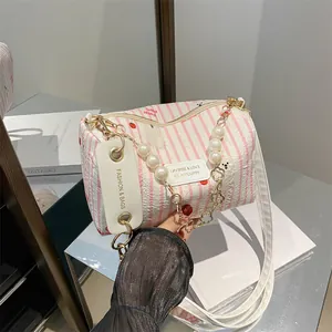 Women Cute Striped Bear Print Cylindrical Crossbody Bag With Artificial Pearl Chain Strap Fashion Sweet Shoulder Bag Oxford Handbag