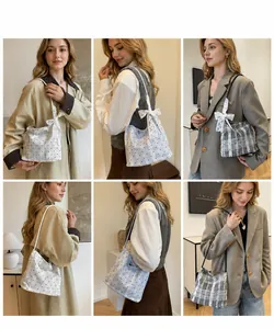 Detailed views of checkered bucket bags with lace bows and polka dots on model
