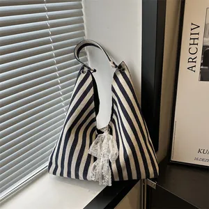Vintage Canvas Gestreifte Tote-Tasche Mit Weißer Spitzenschleife Große Kapazität Umhängetasche Für Damen Casual Alltag
