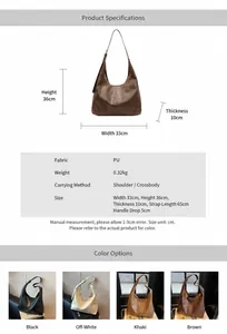 Size chart showing large and small minimalist PU leather tote bag dimensions and colors