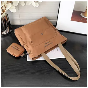 Flachbild von Canvas-Einkaufstasche mit kleiner Tasche und Metall-Magnetverschluss