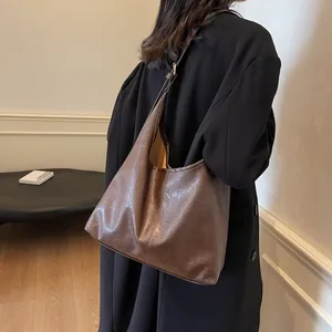 Deep brown large capacity vintage hobo shoulder bag with textured faux leather for women