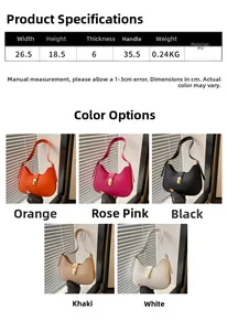 Detailed size chart and multi-color options for the PU leather crescent underarm bag