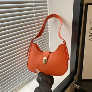 Women Urban Simple PU Leather Crescent Underarm Bag With Gold Metal Lock Adjustable Shoulder Strap Casual Commute Hobo Bag