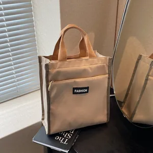 Women Casual Waterproof Canvas Nylon Tote Bag With Contrast Handles Fashion Solid Color Handbag For Daily Office Work Lunch Box Storage Square Purse