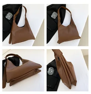 Detailed views of a brown hobo shoulder bag with HNS embossed texture and soft PU leather