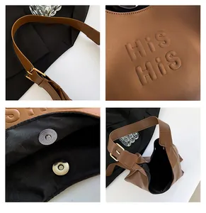 Detailed views of the caramel quilted crossbody bag with HiS HiS logo and magnetic closure