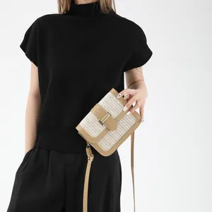 Retro contrast woven crossbody bag with camel leather trim and gold metal buckle