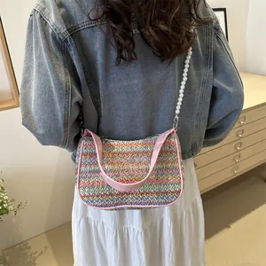 Colorful straw crescent bag with butterfly embroidery and pearl bead shoulder strap