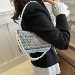 Fashion woven crescent beach bag with bow embroidery and elegant pearl handle strap