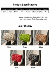 Specifiche della borsa quadrata trapuntata e colori che mostrano cinque varianti in pelle