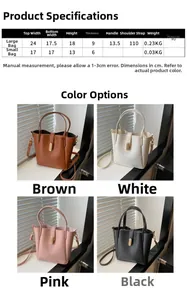 Tableau des tailles et spécifications pour les sacs seaux vintage en cuir PU en quatre couleurs