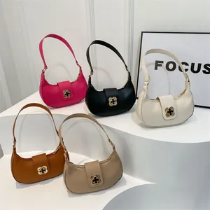 Women's Retro PU Leather Crescent Hobo Bag With Four-Leaf Clover Metal Buckle Minimalist Fashion Underarm Shoulder Bag