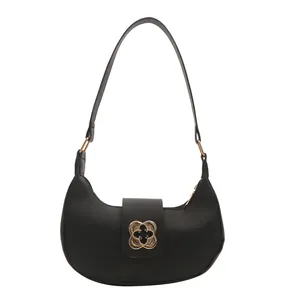 Retro black crescent hobo bag for women with gold floral metal buckle and matte finish