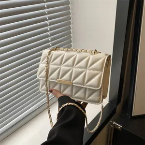 Dettaglio borsa trapuntata beige con tracolla a catena dorata e fibbia in metallo