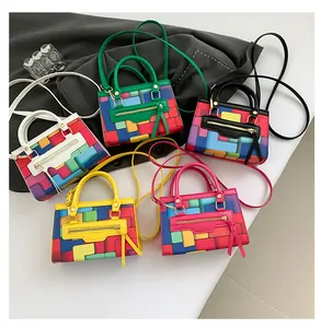 Detailed arrangement of colorful brick-patterned mini crossbody bags with tassel zippers