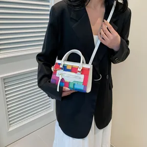 Fashionable geometric color-block small square handbag with adjustable shoulder strap