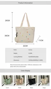 Close-up of canvas tote bag dimensions and four color variants with mini coin purse detail