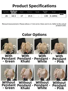 Size chart showing dimensions for a contrast straw bucket bag with chain strap