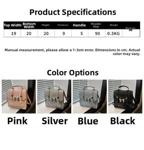 Detailed sizing chart and four color options for the stylish PU leather butterfly backpack