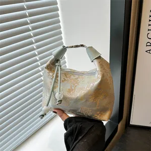 Women New Chinese Style Satin Jacquard Shoulder Bag Retro Landscape Embroidery Underarm Handbag Elegant Bead Crossbody Bag