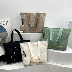 Women Casual Canvas Tote Bag With Colorful Letter Embroidery Large Capacity Shoulder Bag With Detachable Round Coin Purse