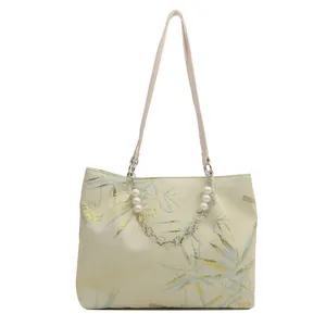 Fashionable floral jacquard tote bag for women with pearl beads and metal chain