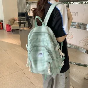Grüner karierter Baumwoll-Leinen-Rucksack für Damen, leichter Reise- und Schulrucksack