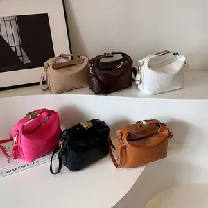 Women's PU Leather Small Square Bag Letter Embossed Shoulder Crossbody Bag With Gold Metal Lock Casual Fashion Handbag