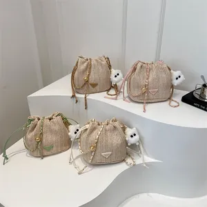 Women Fashion Straw Bucket Bag With Plush Pendant Chain Strap Drawstring Contrast Color Woven Shoulder Crossbody Bag