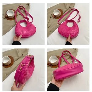 Detail view of pink woven crescent bag with gold hardware and various product angles