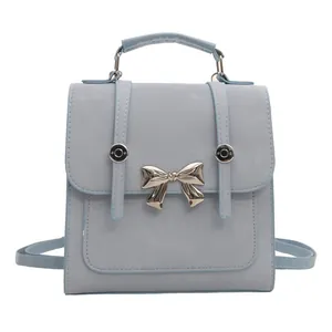 Light blue-grey PU leather 2-in-1 backpack and handbag with silver butterfly buckle