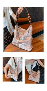 Close-up of silk tote bag featuring floral embroidery and wooden bead handle details