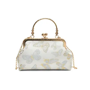 Retro cream cheongsam evening bag with exquisite butterfly embroidery and gold chain