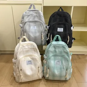 Damen Baumwollleinen Kariert Rucksack Leichtgewicht Reise Schultasche Casual Große Kapazität College Stil Rucksack Grün Grau Schwarz