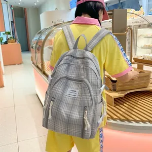 Grauer Karo-Rucksack aus Baumwollleinen für Damen, großer Tagesrucksack für die Reise