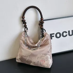 Chinese Style Satin Embroidery Peony Flower Tote Bag With Wooden Bead Handle Metal Chain Vintage Elegant Women Shoulder Bag