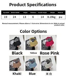 Detailed size parameters and color options for the pleated PU leather crossbody handbag